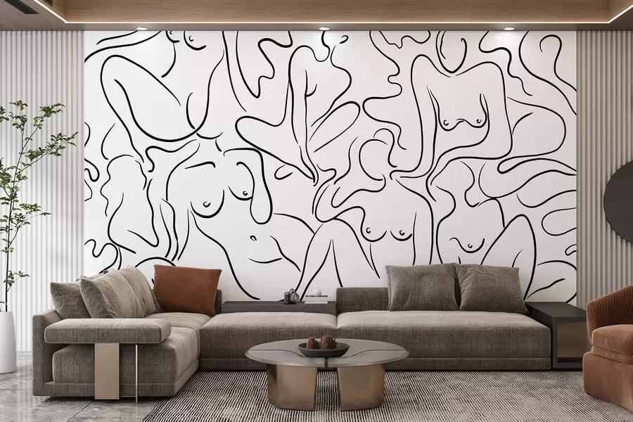 wall murals Line drawing silhouettes of women bodies, abstraction, black color w03755