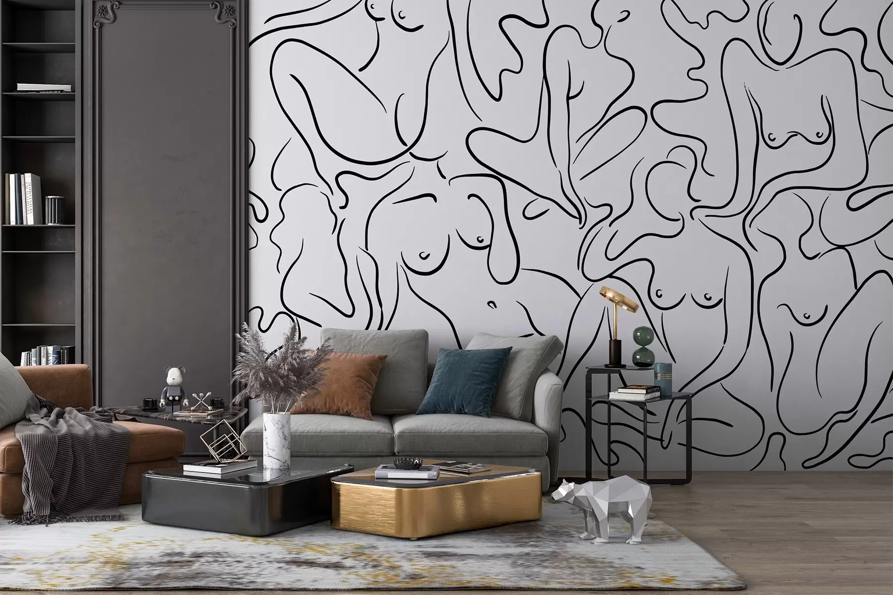 Wall Mural Photo Wallpaper Line drawing silhouettes of women bodies, abstraction, black color w03755
