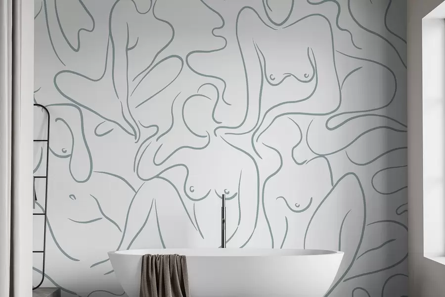 murales Dibujo lineal siluetas anatómicas, abstracción, color azul w03755v1