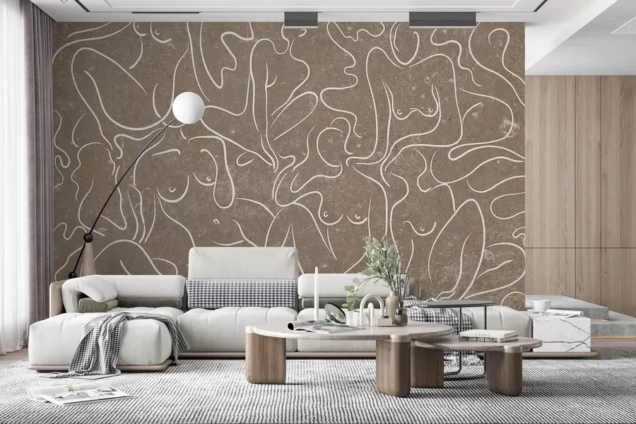 wall murals Line drawing anatomical silhouettes, abstraction, beige background w03756