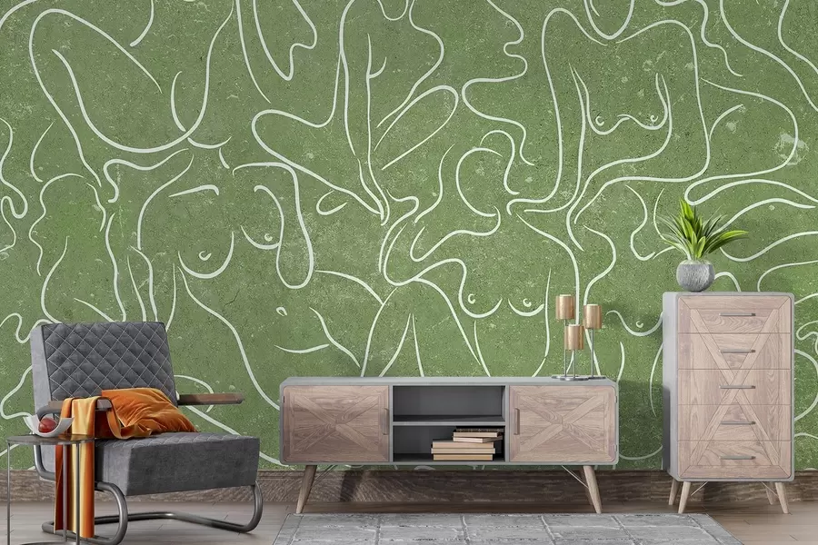 wall murals Line drawing anatomical silhouettes, abstraction, green background w03756v2
