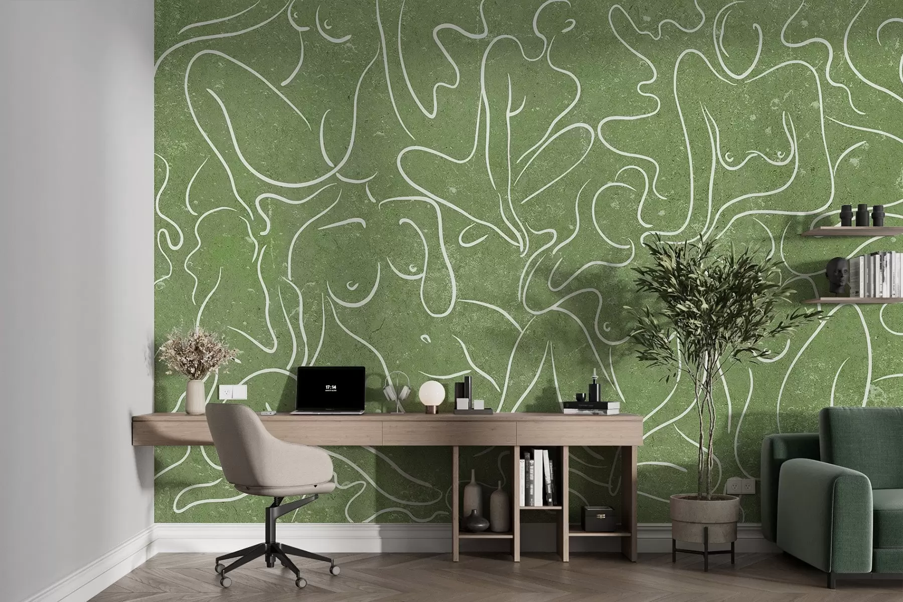 wall murals Line drawing anatomical silhouettes, abstraction, green background w03756v2