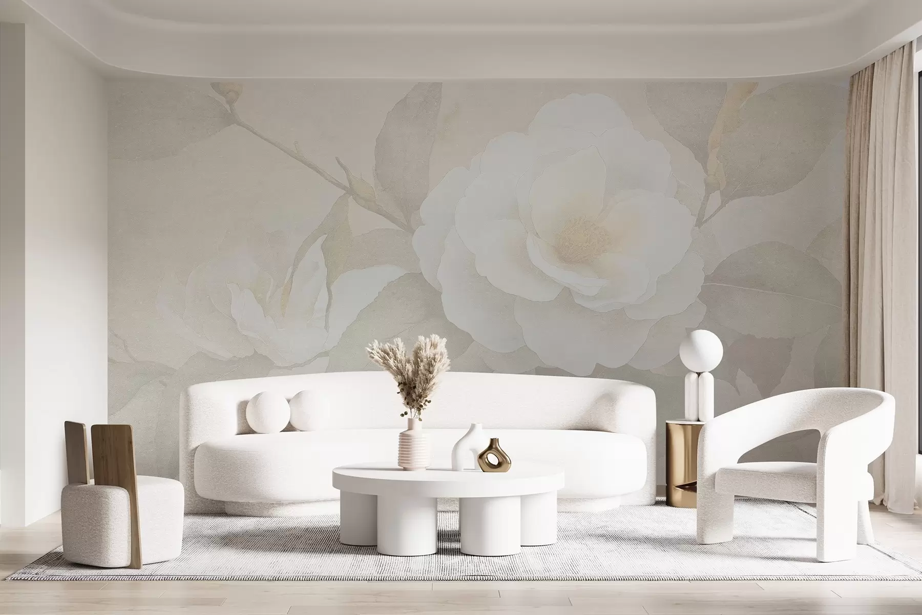 wall murals Soft pastel with camellia flowers on the branch, beige colors w03760