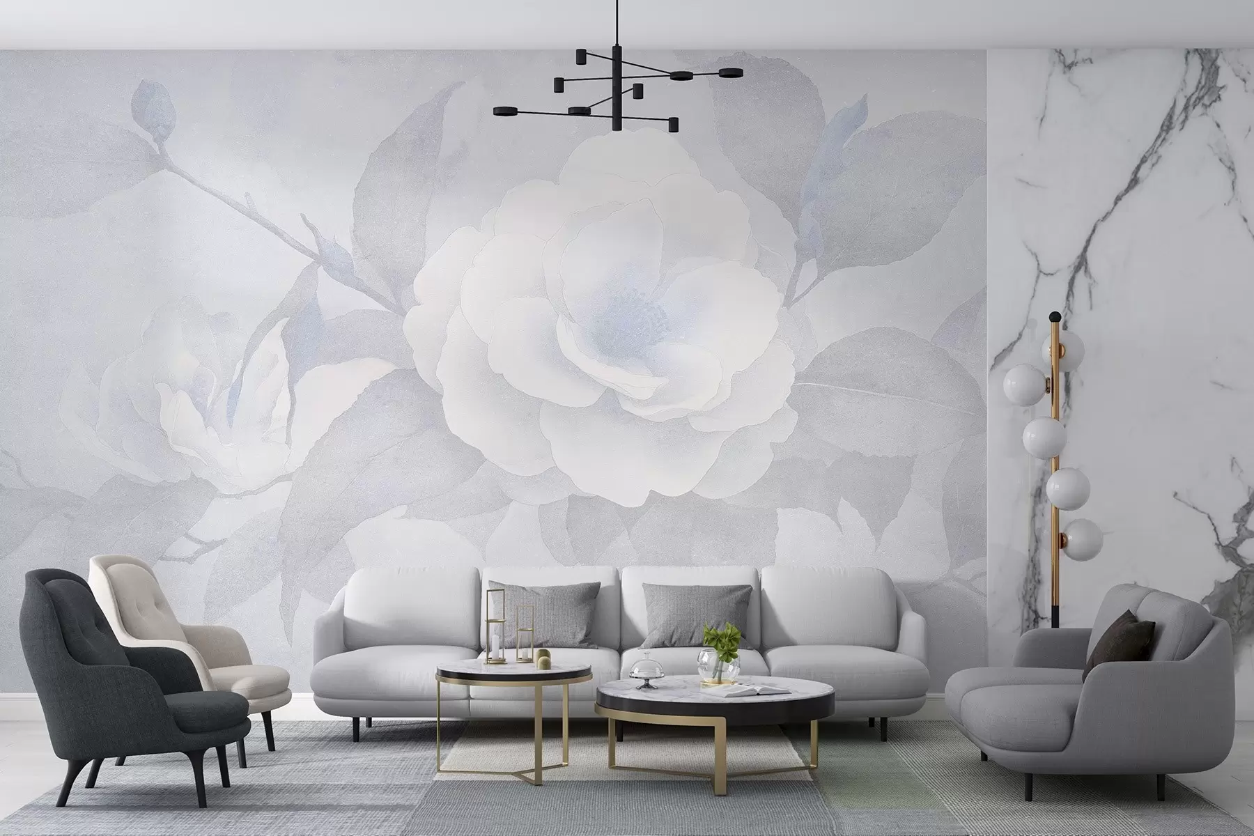 murales Pastel suave con flores de camelia en la rama, colores azules w03760v1