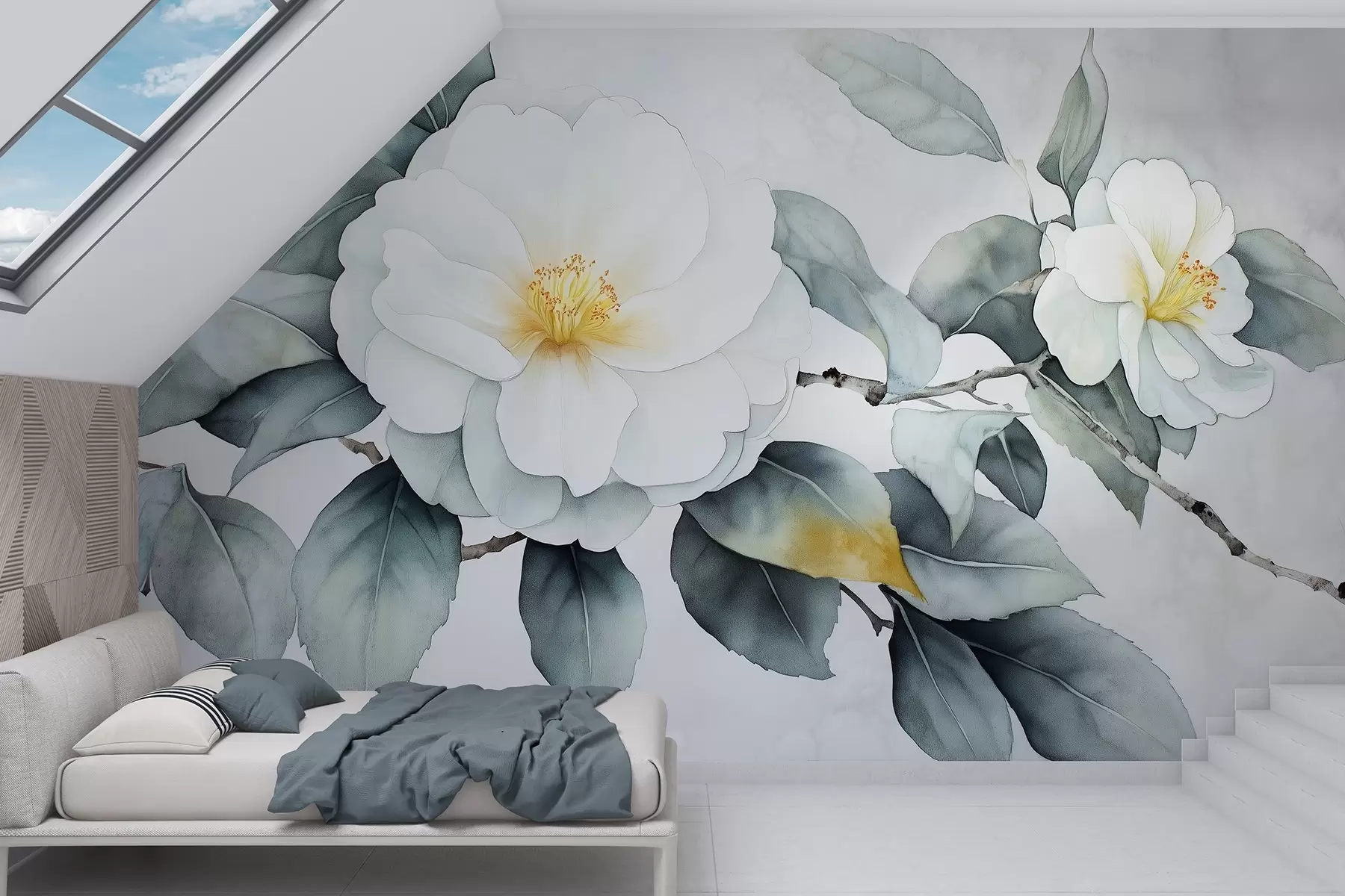 wall murals Watercolor style camellia flowers on the branch, natural colors w03761