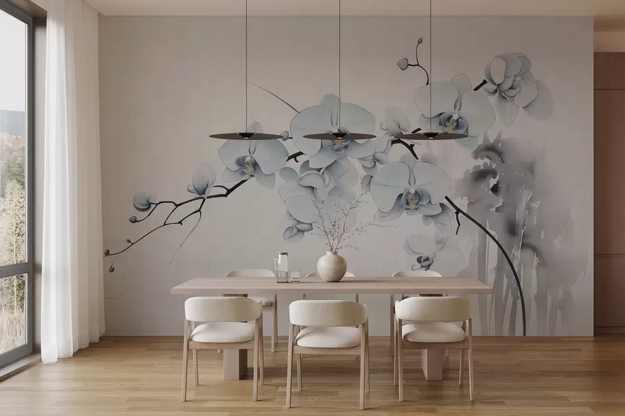 murales Orquídeas en acuarela de estilo japonés sobre fondo claro w03795