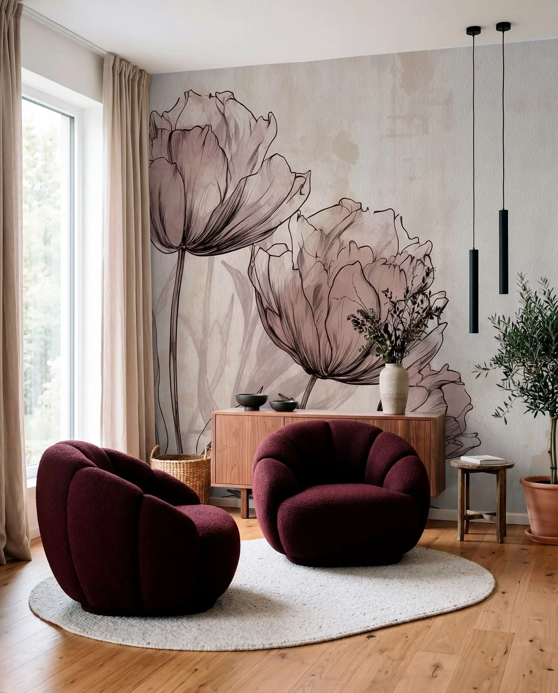peintures murales Fleurs sépia w03796