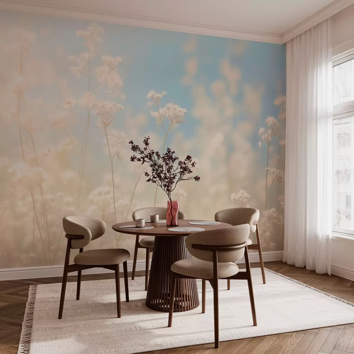 peintures murales Champ délicat de fleurs séchées dans une lumière solaire floue w03801