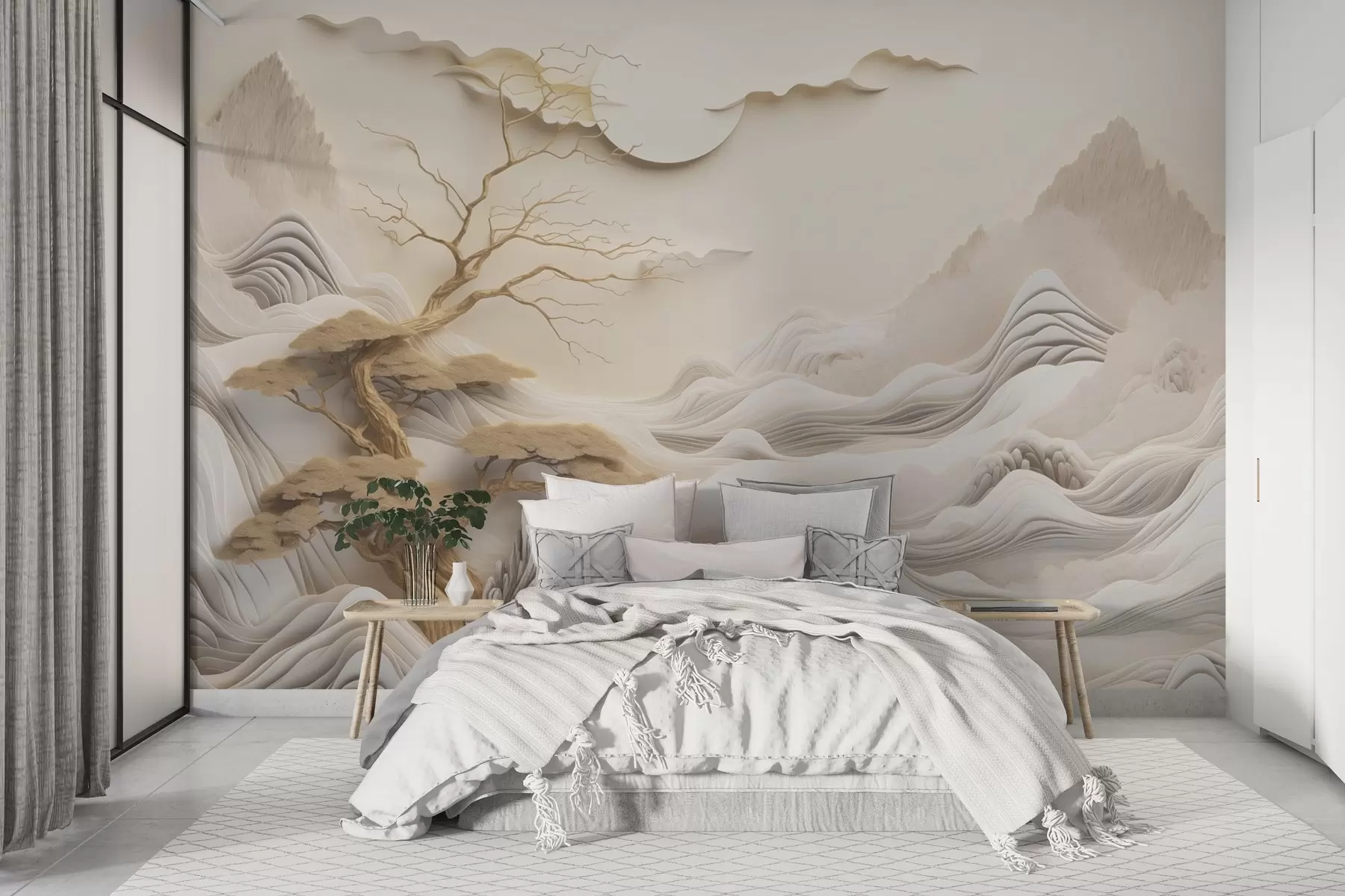 Wall Mural Photo Wallpaper Oriental landscape with trees and mountains w03803