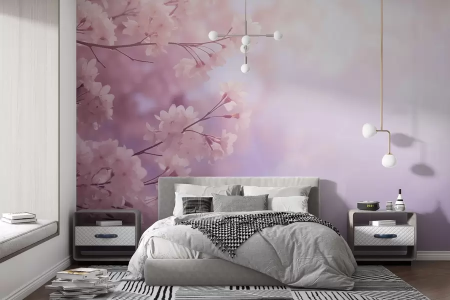 murales Ramas de sakura con flores rosas sobre fondo pastel w03804