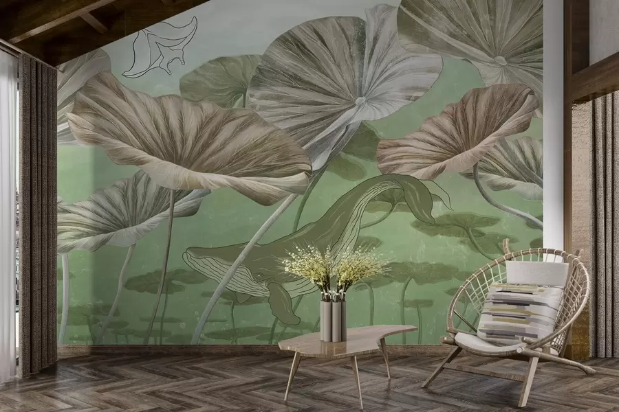 Wall Mural Photo Wallpaper Whale among giant lotuses in green water w03807