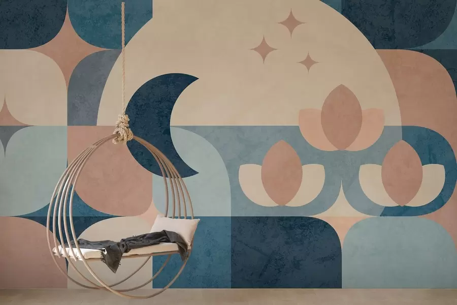 murales abstracción geométrica, donde las formas suaves se entrelazan suavemente con símbolos de la luna, las flores y las estrellas w03723