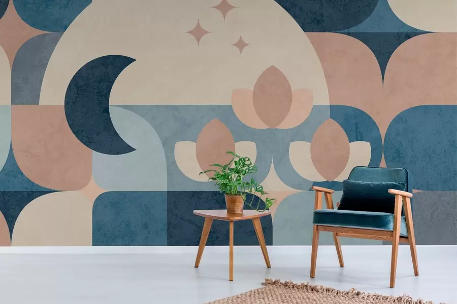 Wall Mural Photo Wallpaper geometric abstraction, where soft shapes are smoothly intertwined with symbols of the moon, flowers and stars. w03723