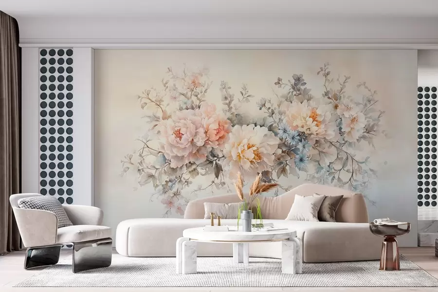 Wall Mural Photo Wallpaper delicate watercolor-style flowers in pastel shades of pink, beige and blue w03724
