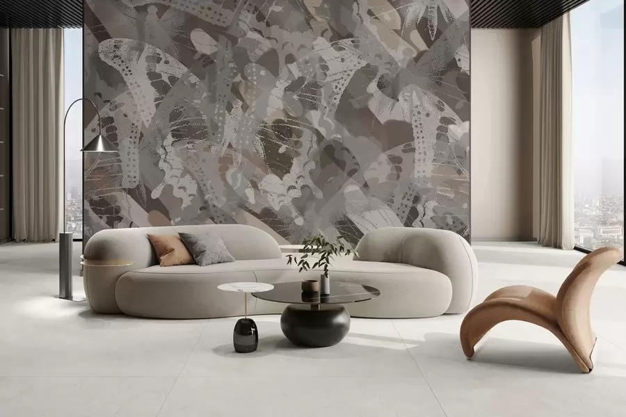 murales abstracción bandada de mariposas en tonos grises y marrones w03725