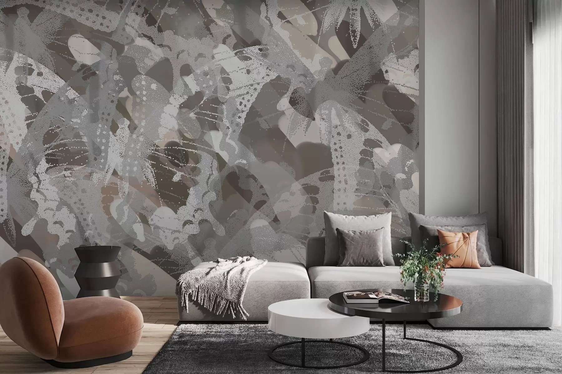 murales abstracción bandada de mariposas en tonos grises y marrones w03725