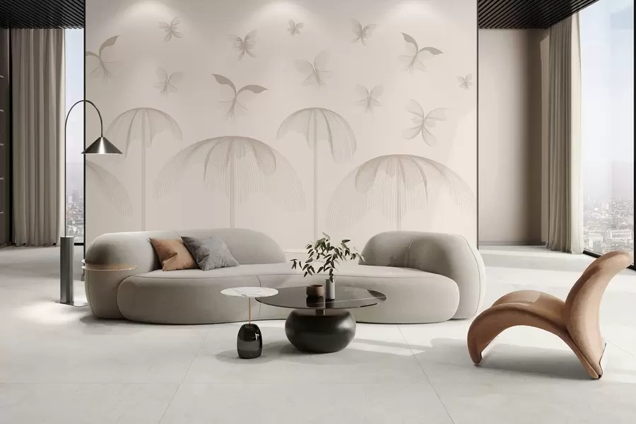 Wall Mural Photo Wallpaper minimalist linear wallpaper butterflies and fountains on a milky background w03762