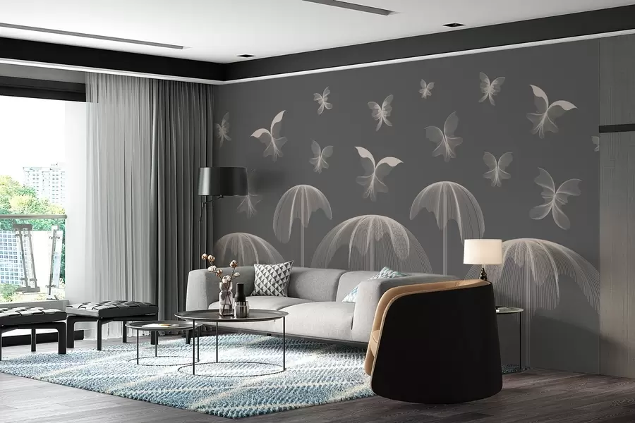 Wall Mural Photo Wallpaper minimalist linear wallpaper butterflies and fountains on a dark gray background w03762v1