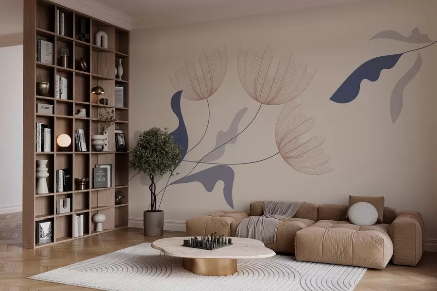 peintures murales fleurs élégantes et minimalistes dans les tons bleus sur fond beige w03763