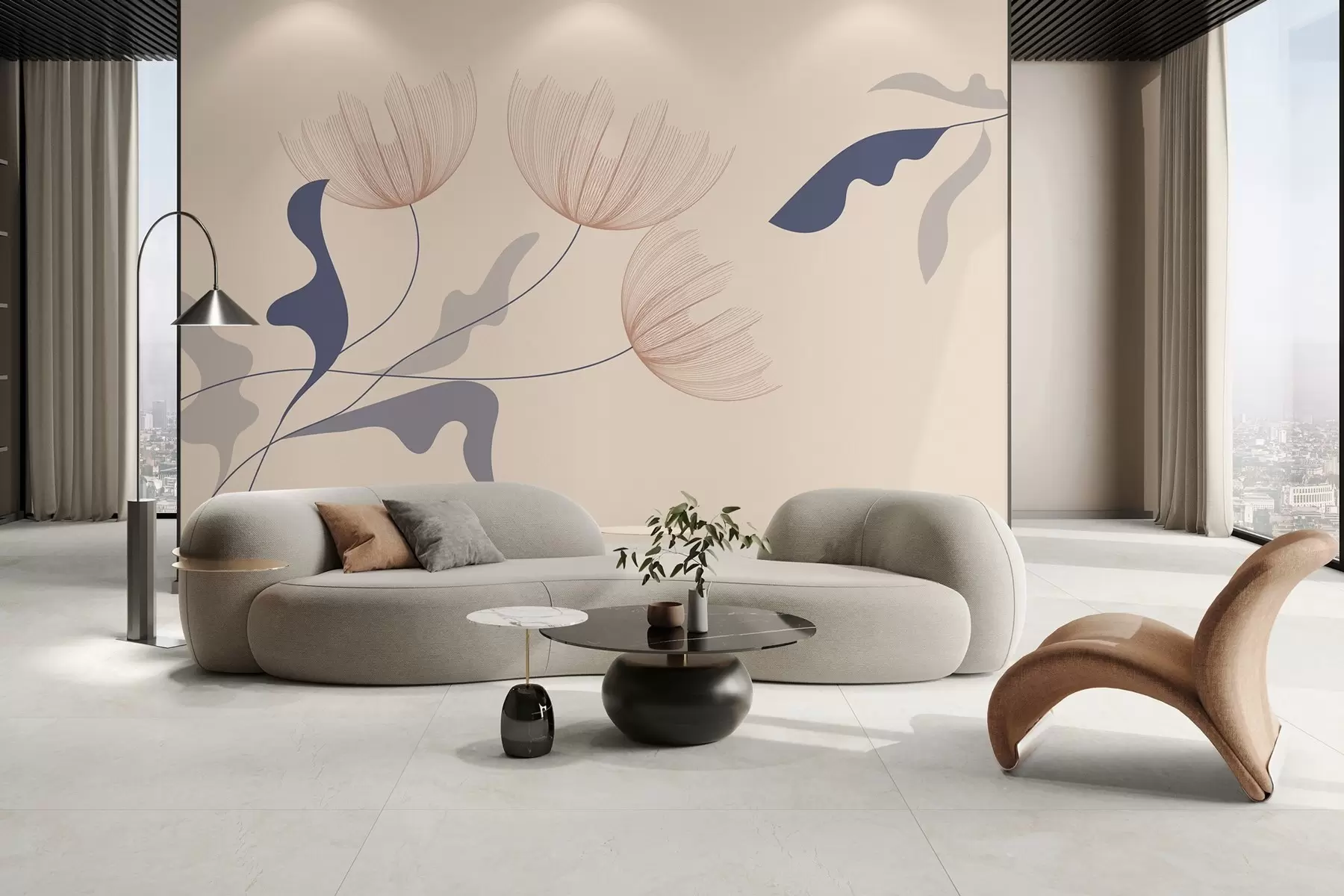 Wall Mural Photo Wallpaper elegant minimalist flowers in blue tones on a beige background w03763