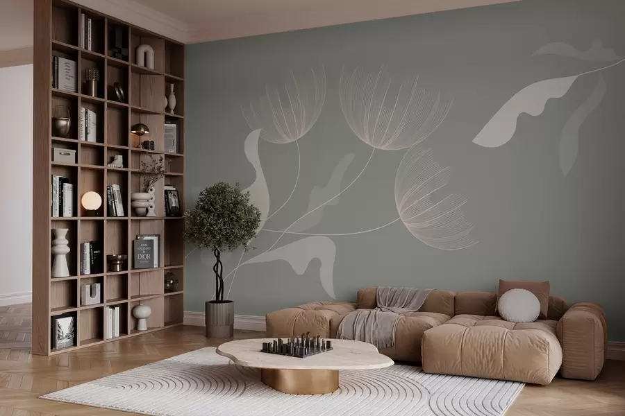 murais de parede flores elegantes e minimalistas em tons de verde sobre um fundo bege w03763v2