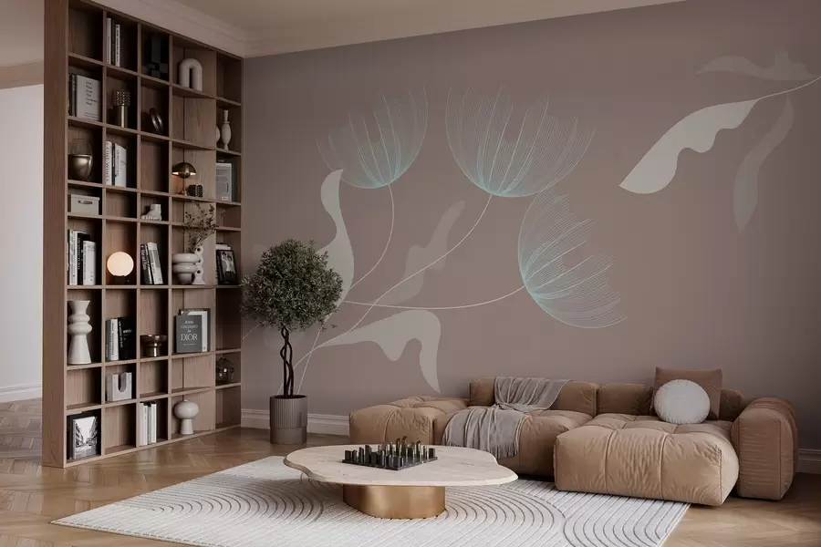 peintures murales fleurs élégantes et minimalistes dans les tons blancs et bleus sur un fond moka w03763v3