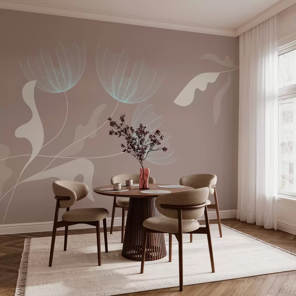 wall murals elegant minimalist flowers in white and blue tones on a mocha background w03763v3