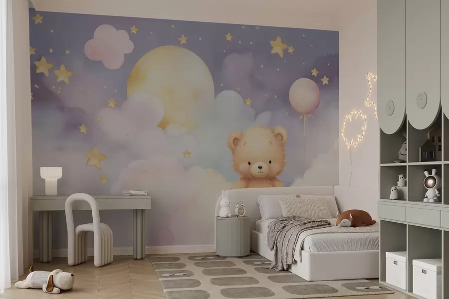 Wall Mural Photo Wallpaper Cute bear on a cloud with moon and stars w03864