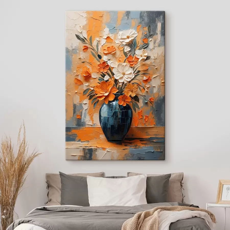wall murals White and orange flowers in vase in oil painting style s44059