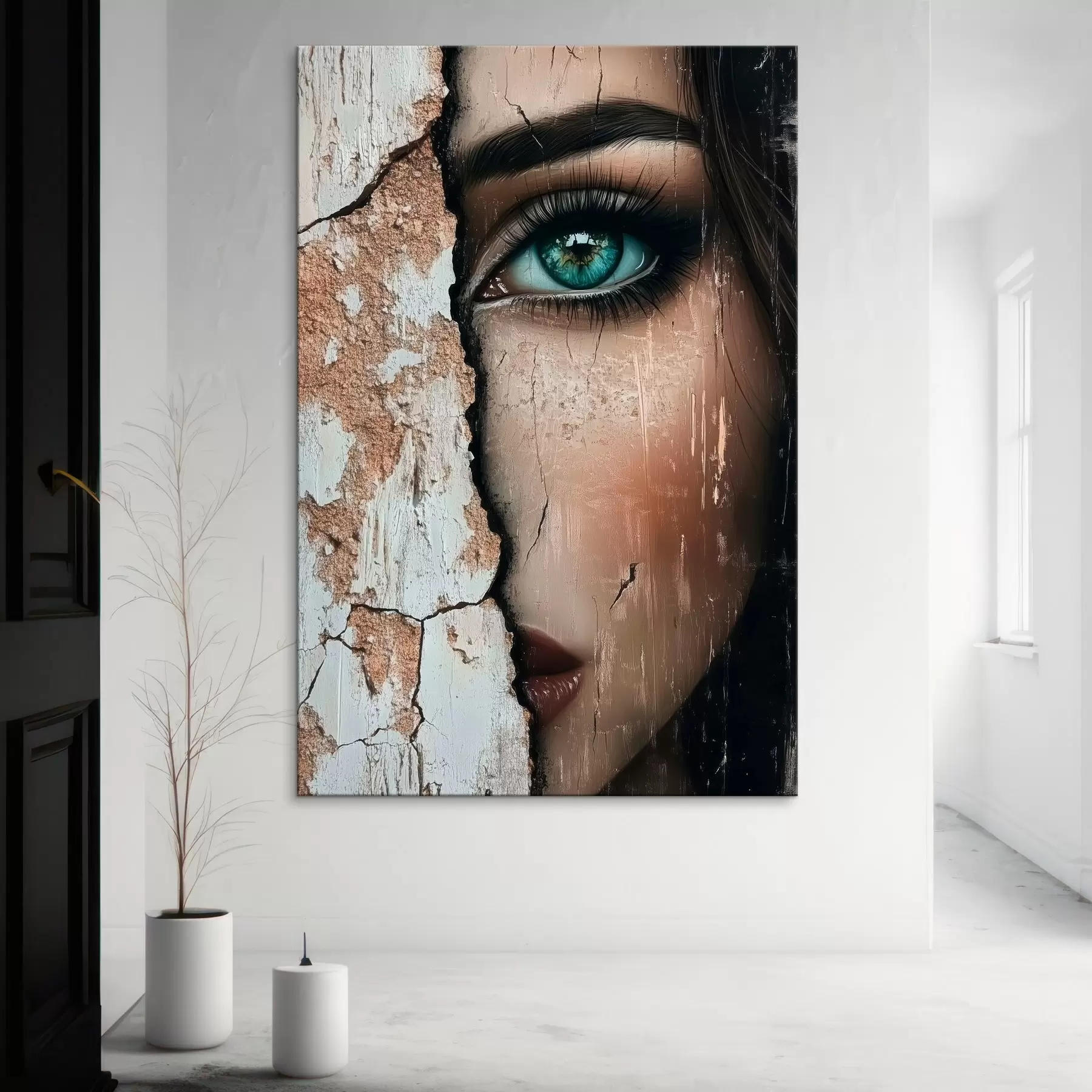 wall murals Girl's face behind old wall s44069