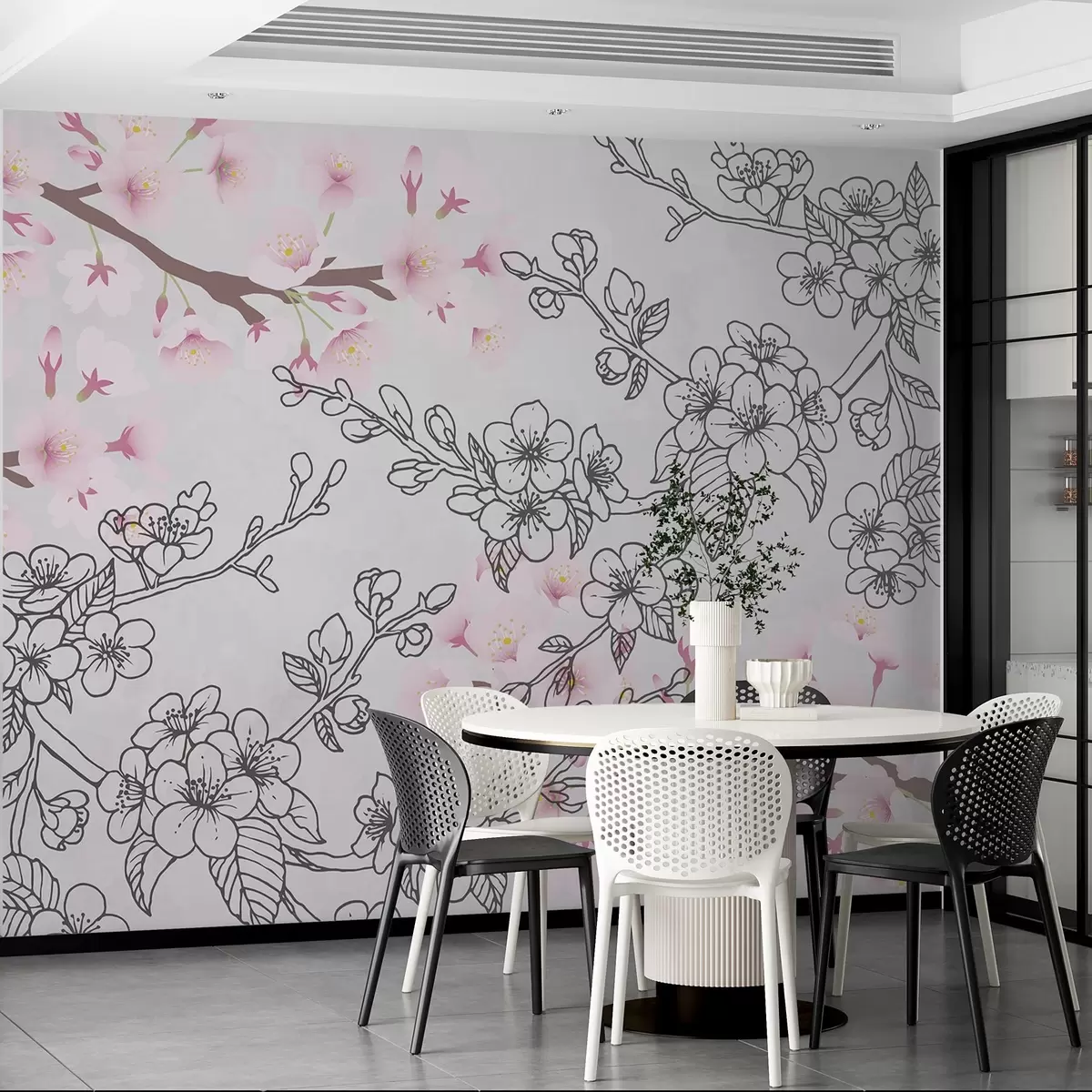 wall murals Sakura branches drawn and colored w03711