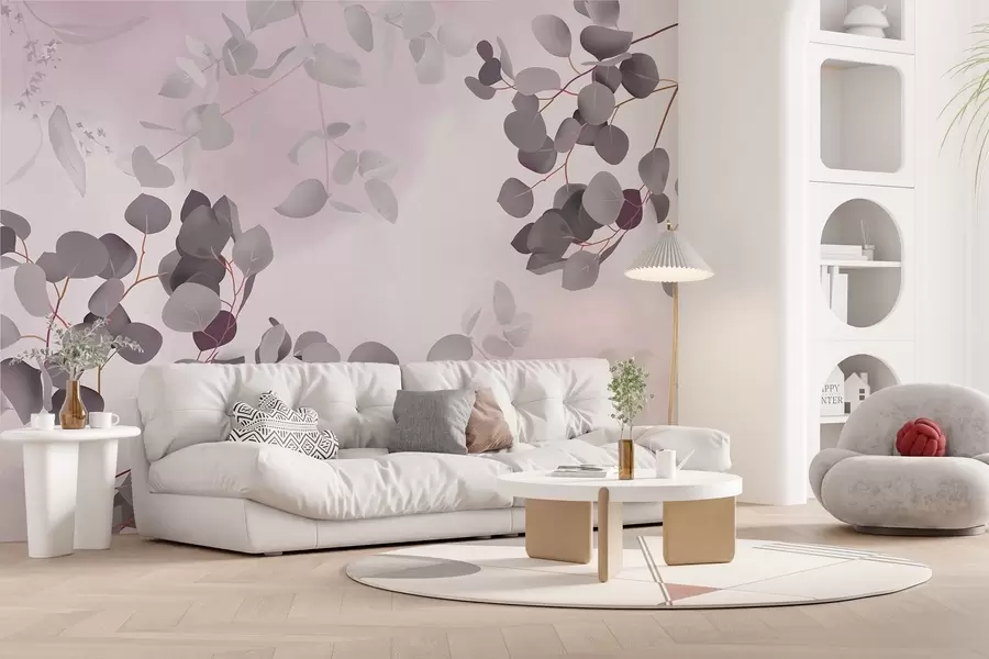 murales Ramas con hojas en tonos rosados w03719v1