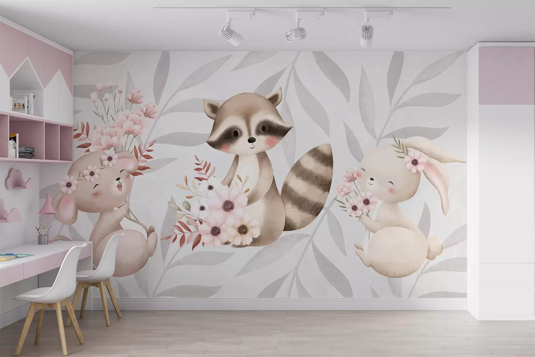 murales Animales del bosque con flores w03861