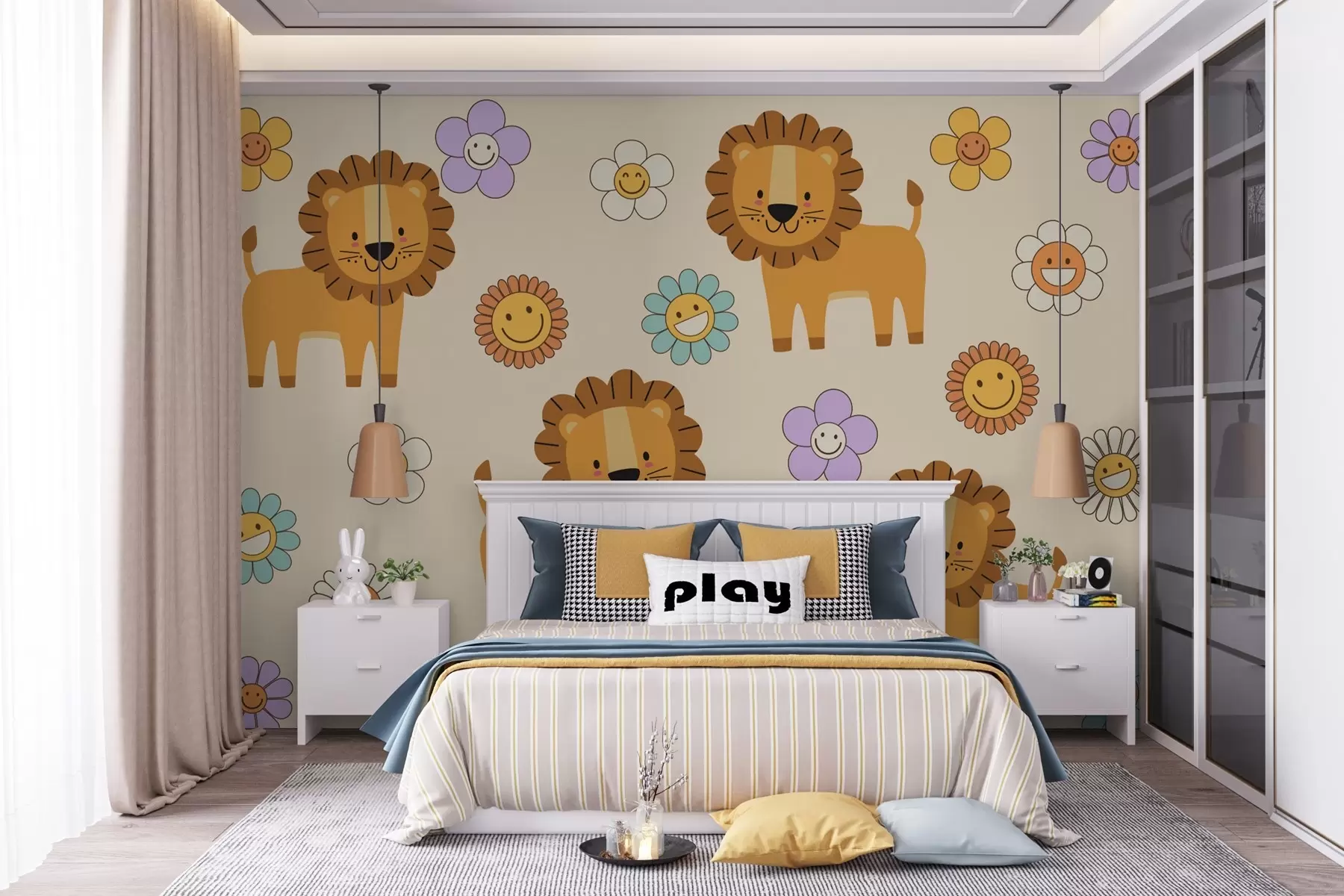 peintures murales Mignons lionceaux et fleurs w03863