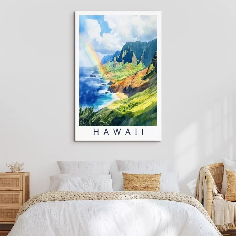 murales Isla de Hawai, estilo acuarela, arco iris, montañas verdes, océano s44141