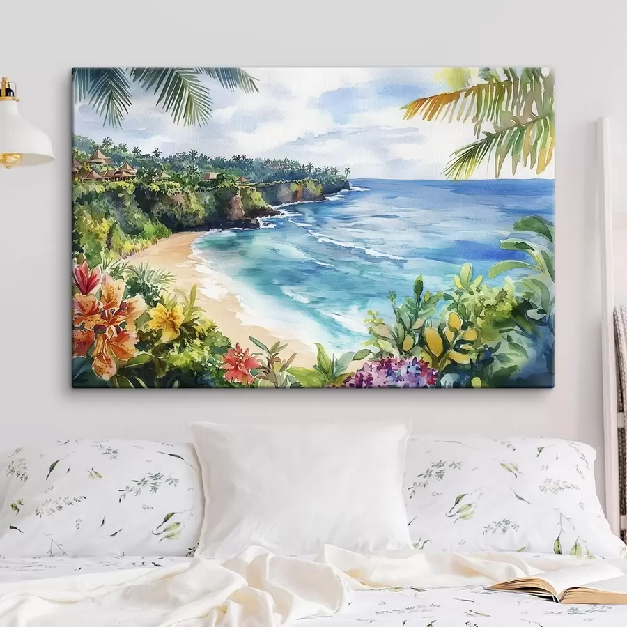 wall murals Tropical ocean beach, palm trees, florals, watercolor style s44145