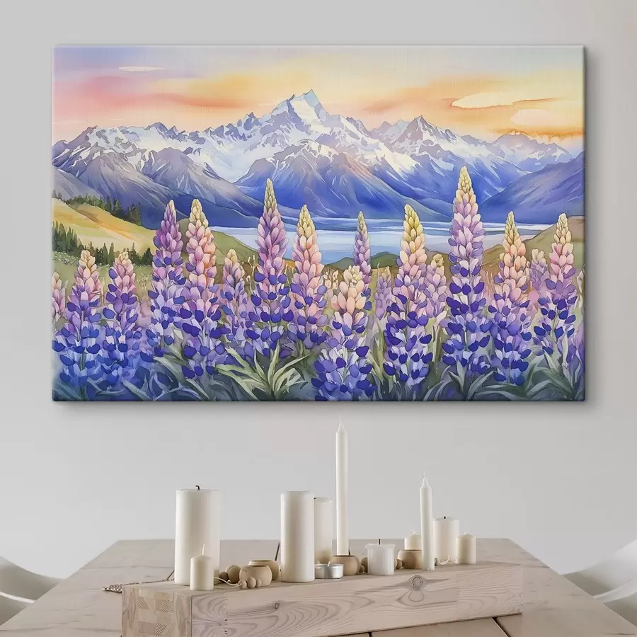 wall murals Lupin flowers, meadow, mountains, watercolor style, sunset sky s44146