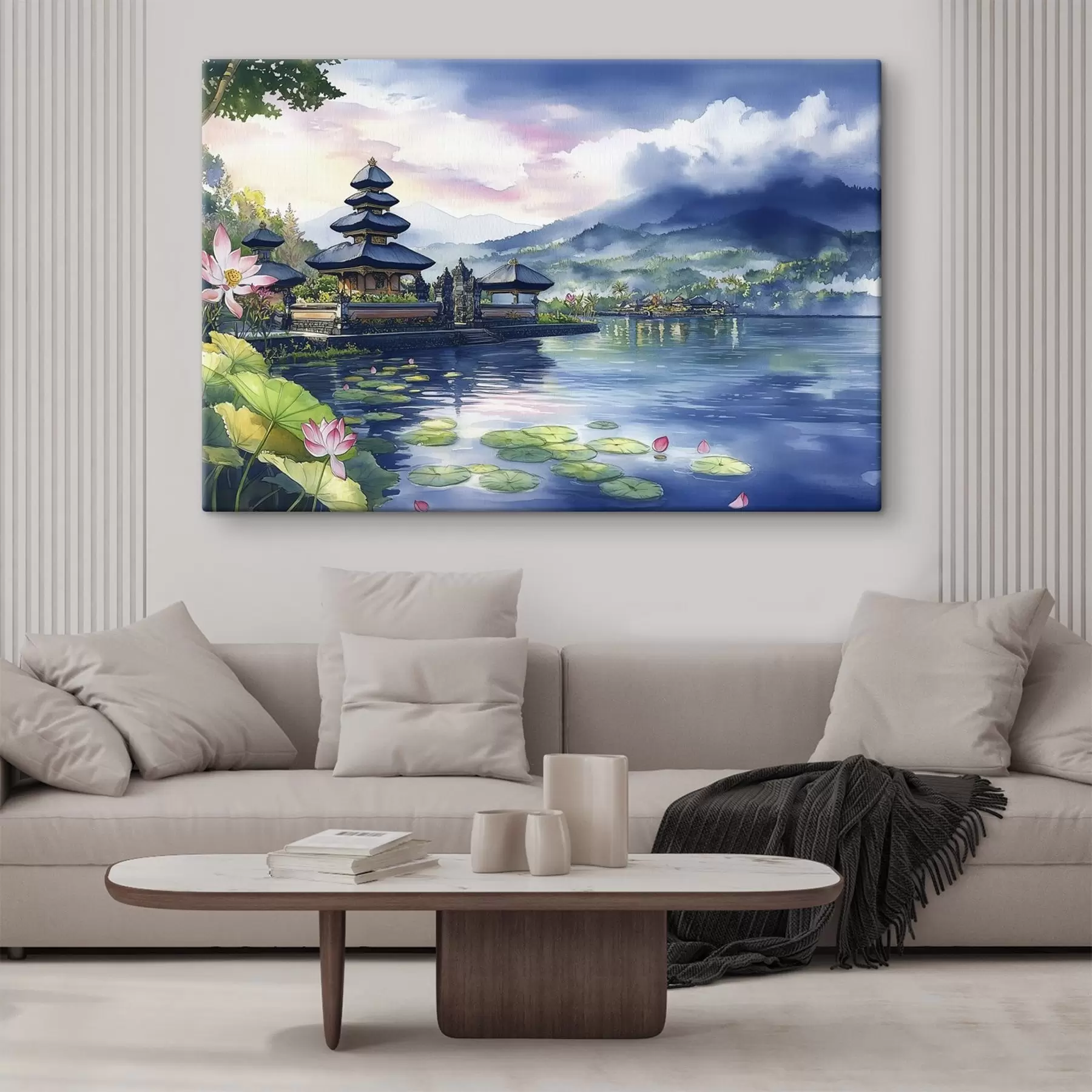 wall murals Indonesian island, temple, buddhism, tropical nature, watercolor style s44148