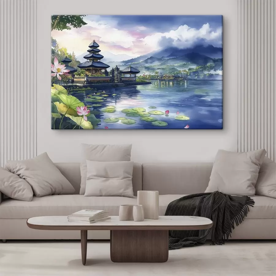 wall murals Indonesian island, temple, buddhism, tropical nature, watercolor style s44148