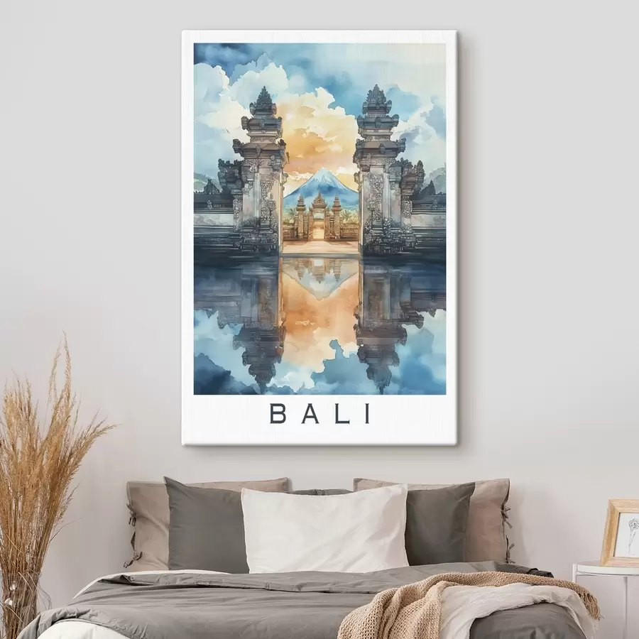murales Estética de Bali, templo, cielo al atardecer, naturaleza tropical, estilo acuarela s44149