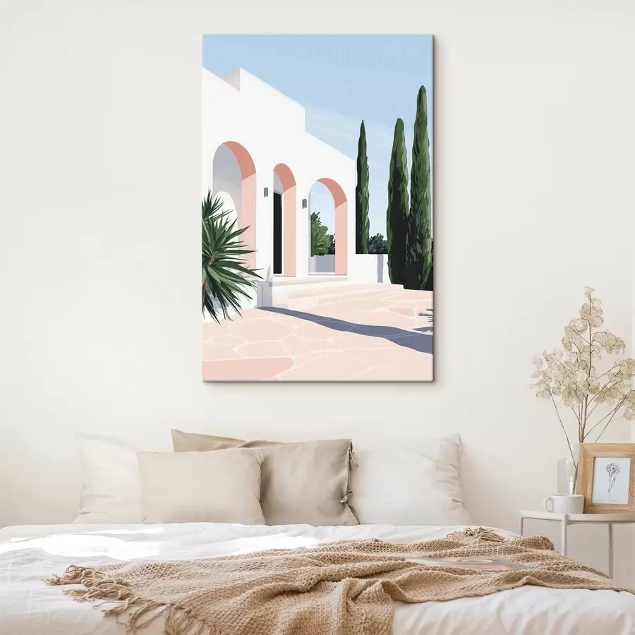 murales Chalet blanco con arcos y jardín tropical, mediterráneo, estilo llano s44153