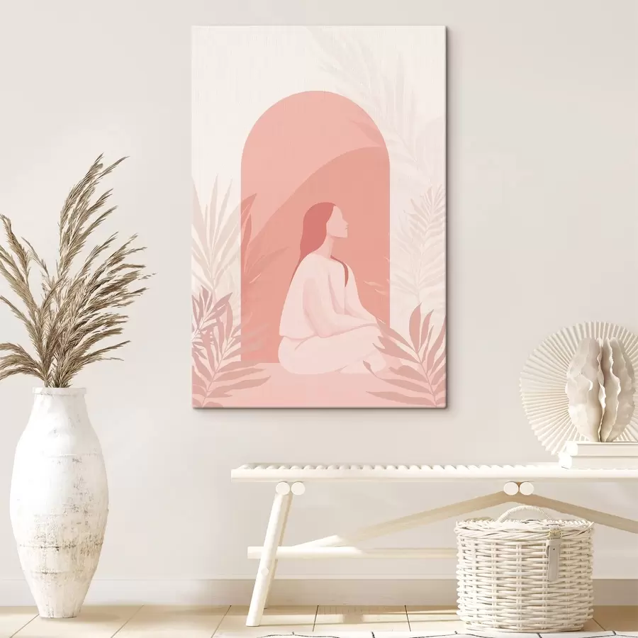 wall murals Woman in meditation, flat style, tropical plants, pink colors s44154