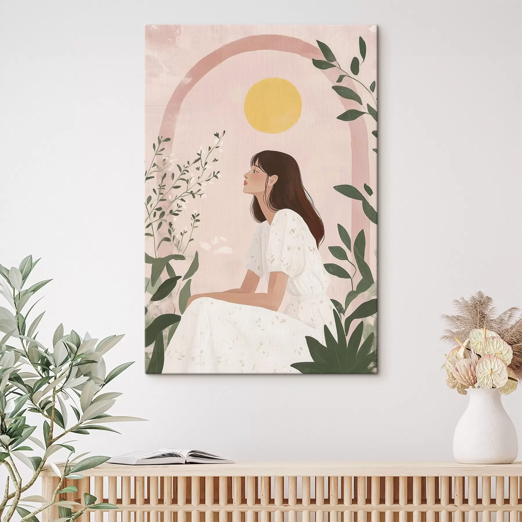 wall murals Beautiful woman in the tropical garden, sun, pastel colors s44155