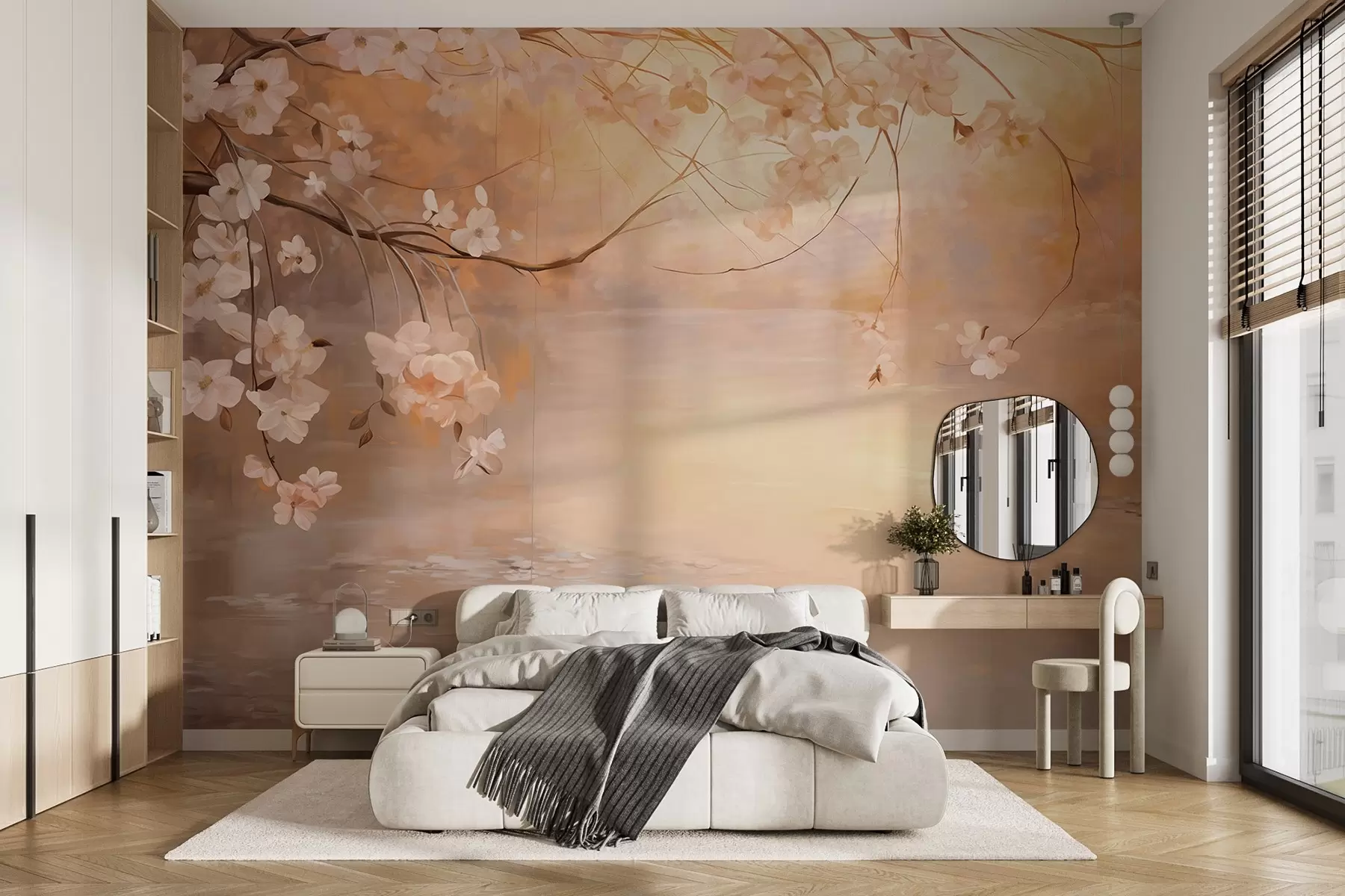 Wall Mural Photo Wallpaper Abstract landscape art with blossom branch and white flowers hanging over a lake, soft pastel colors w09046