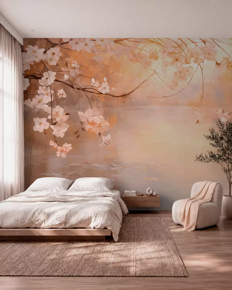 peintures murales Paysage abstrait avec des branches fleuries et des fleurs blanches suspendues au-dessus d'un lac, couleurs pastel douces w09046