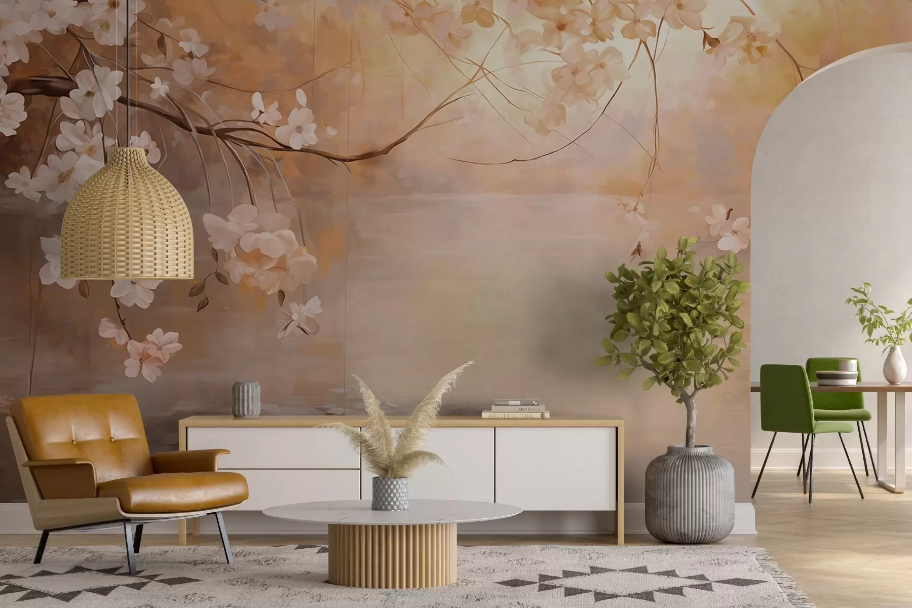 murales Arte abstracto del paisaje con la rama de la flor y las flores blancas que cuelgan sobre un lago, colores pastel suaves w09046