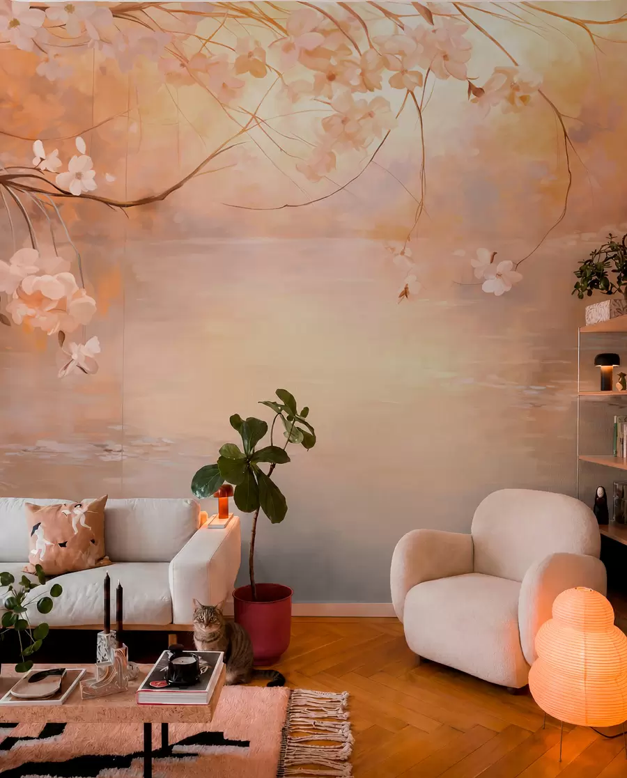 wall murals Abstract landscape art with blossom branch and white flowers hanging over a lake, soft pastel colors w09046