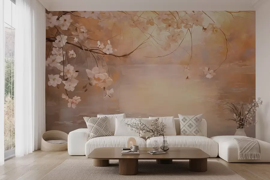 Wall Mural Photo Wallpaper Abstract landscape art with blossom branch and white flowers hanging over a lake, soft pastel colors w09046