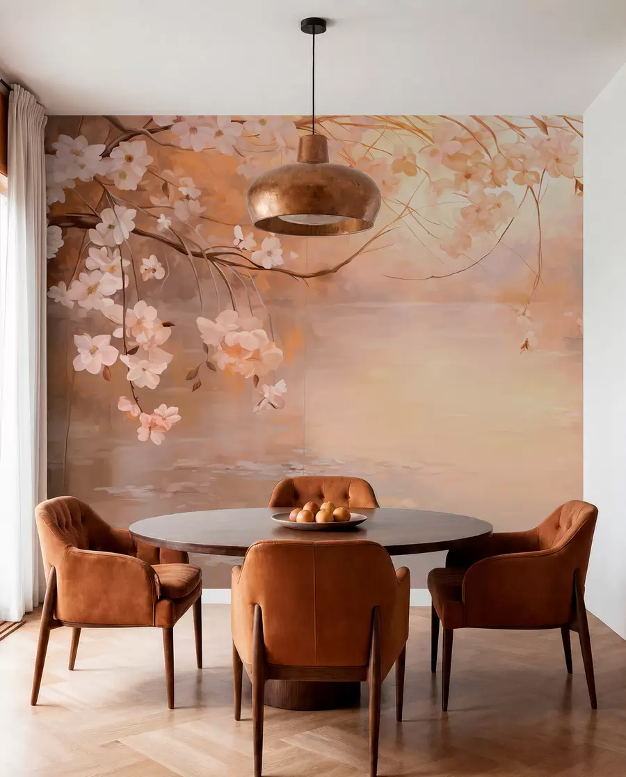 wall murals Abstract landscape art with blossom branch and white flowers hanging over a lake, soft pastel colors w09046
