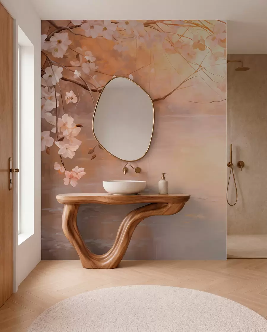 wall murals Abstract landscape art with blossom branch and white flowers hanging over a lake, soft pastel colors w09046